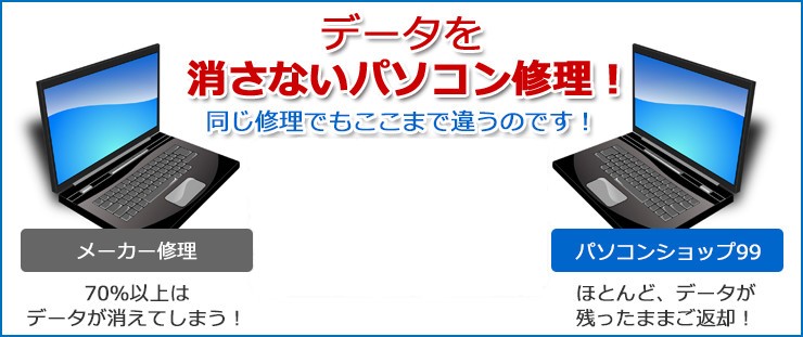 パソコンショップ99は、大切なデータを残したまま修理ができます。